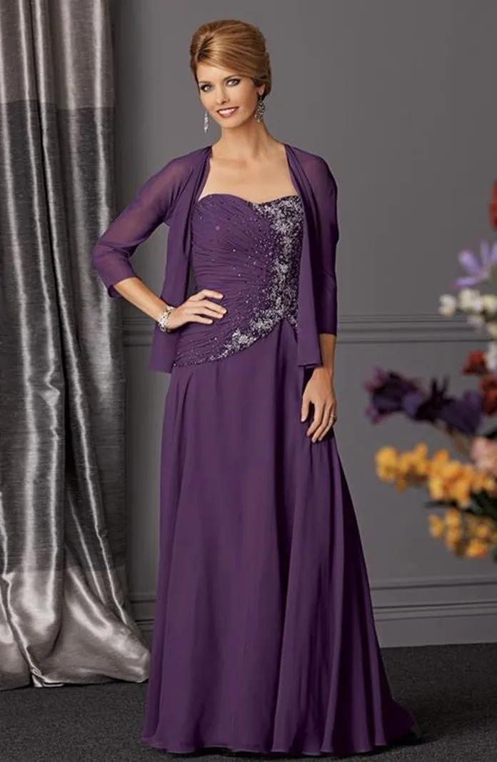 ---Vestido de fiesta para señora de talla grande con chaqueta hecho en chifòn con aplicaciones de encaje y decoraciones brillant