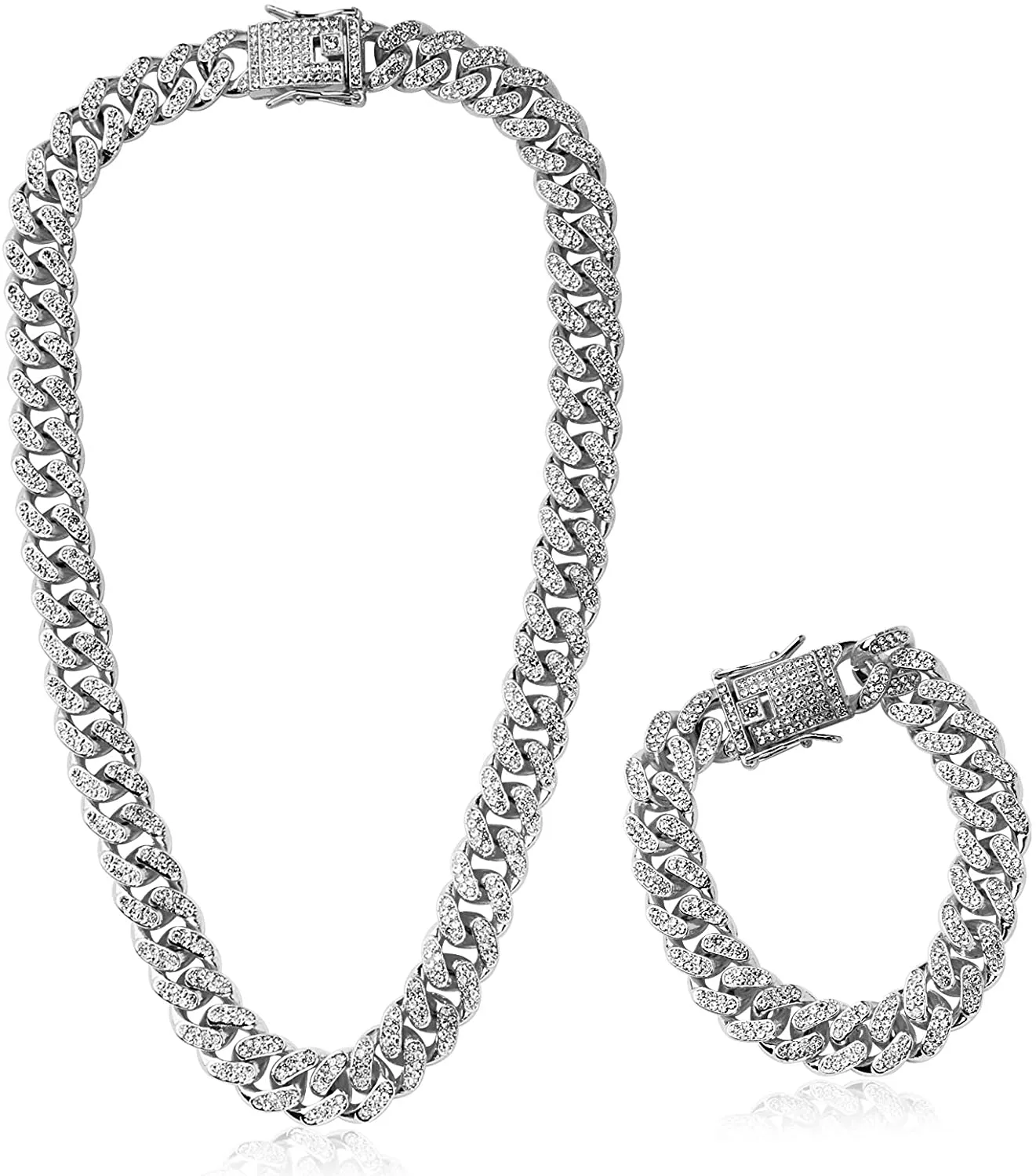 2 Pz Collana Cubana Braccialetto Grosso Lega Catena Grande con Strass per Uomo Ragazzo Donna Hip Hop Rock and Roll Rapper Musica