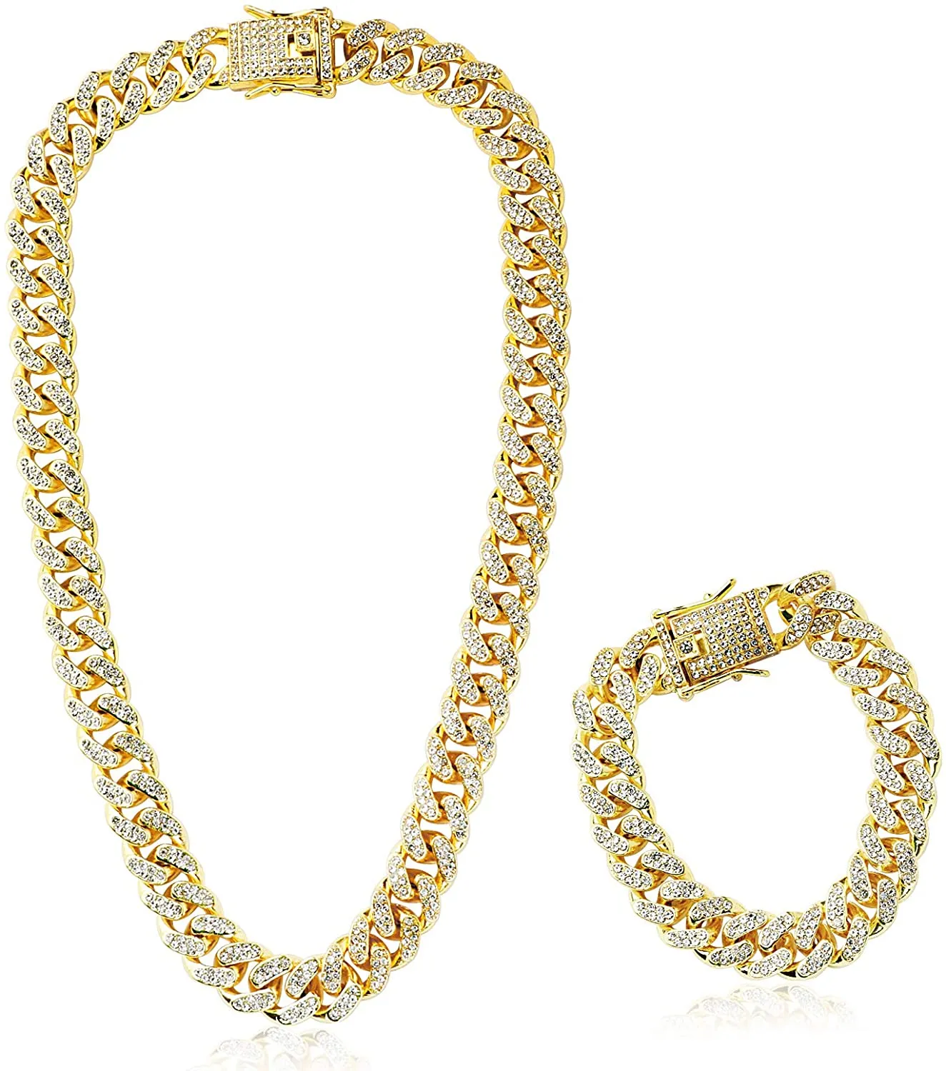 2 Pz Collana Cubana Braccialetto Grosso Lega Catena Grande con Strass per Uomo Ragazzo Donna Hip Hop Rock and Roll Rapper Musica