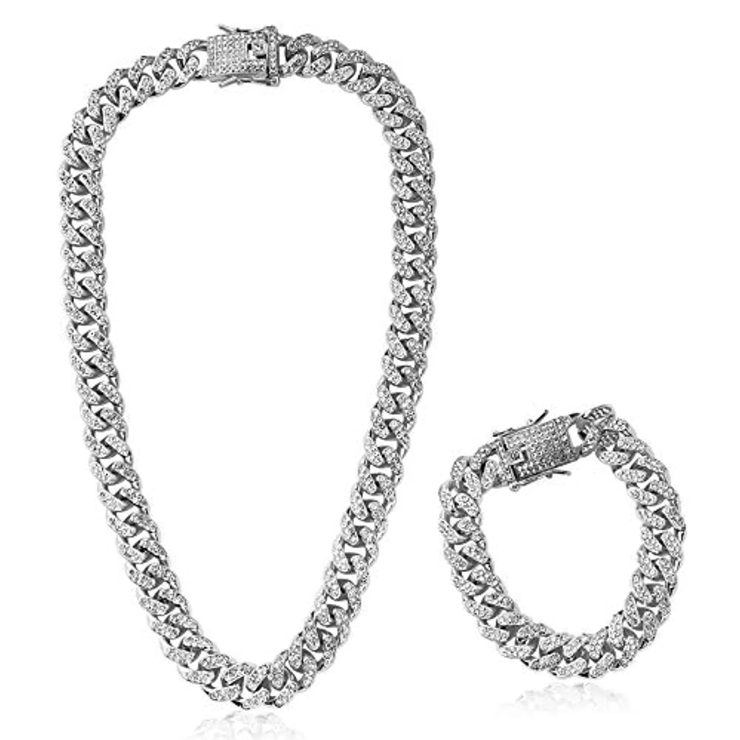2 Pz Collana Cubana Braccialetto Grosso Lega Catena Grande con Strass per Uomo Ragazzo Donna Hip Hop Rock and Roll Rapper Musica