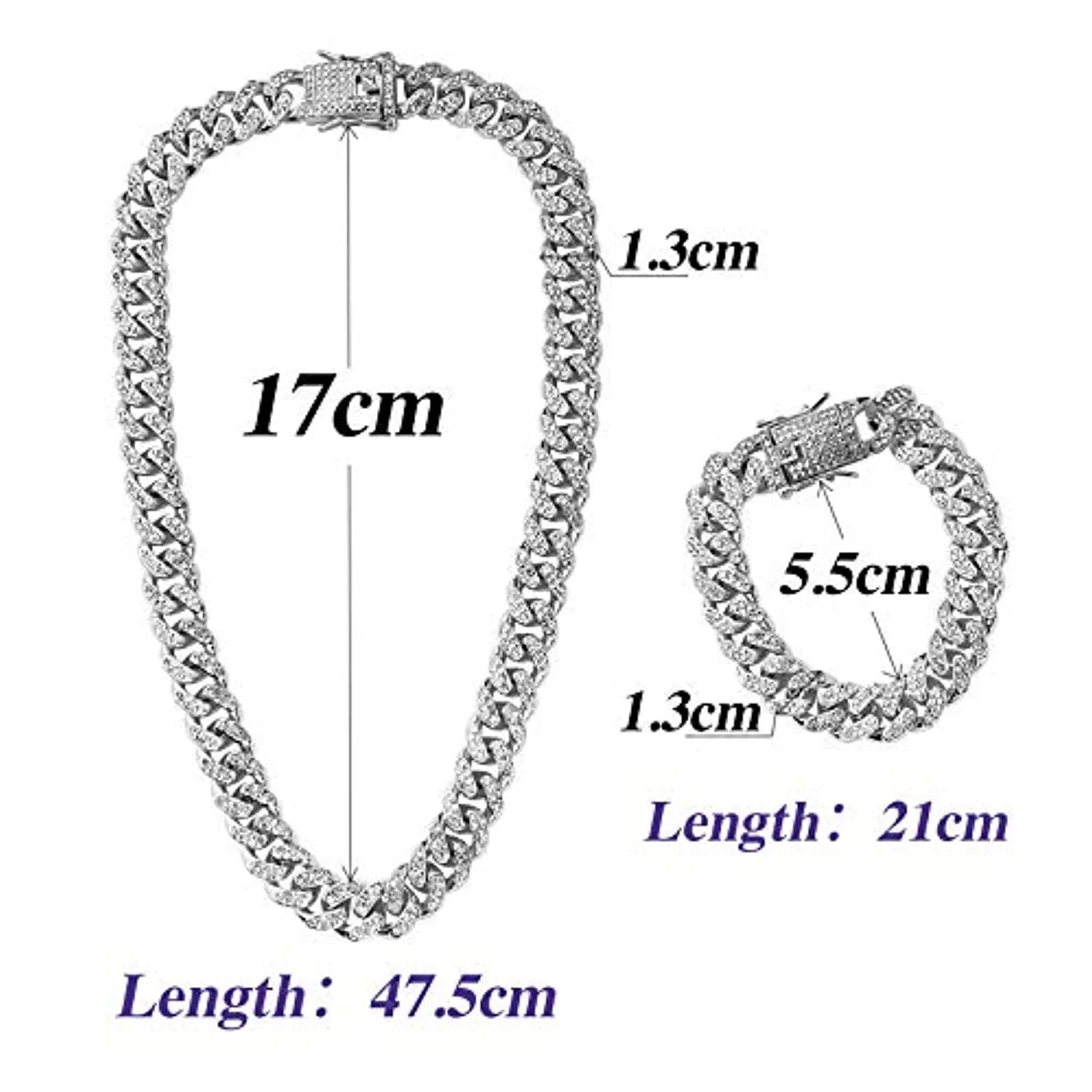 2 Pz Collana Cubana Braccialetto Grosso Lega Catena Grande con Strass per Uomo Ragazzo Donna Hip Hop Rock and Roll Rapper Musica