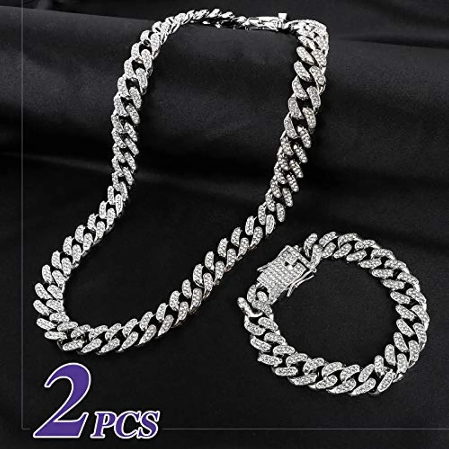 2 Pz Collana Cubana Braccialetto Grosso Lega Catena Grande con Strass per Uomo Ragazzo Donna Hip Hop Rock and Roll Rapper Musica