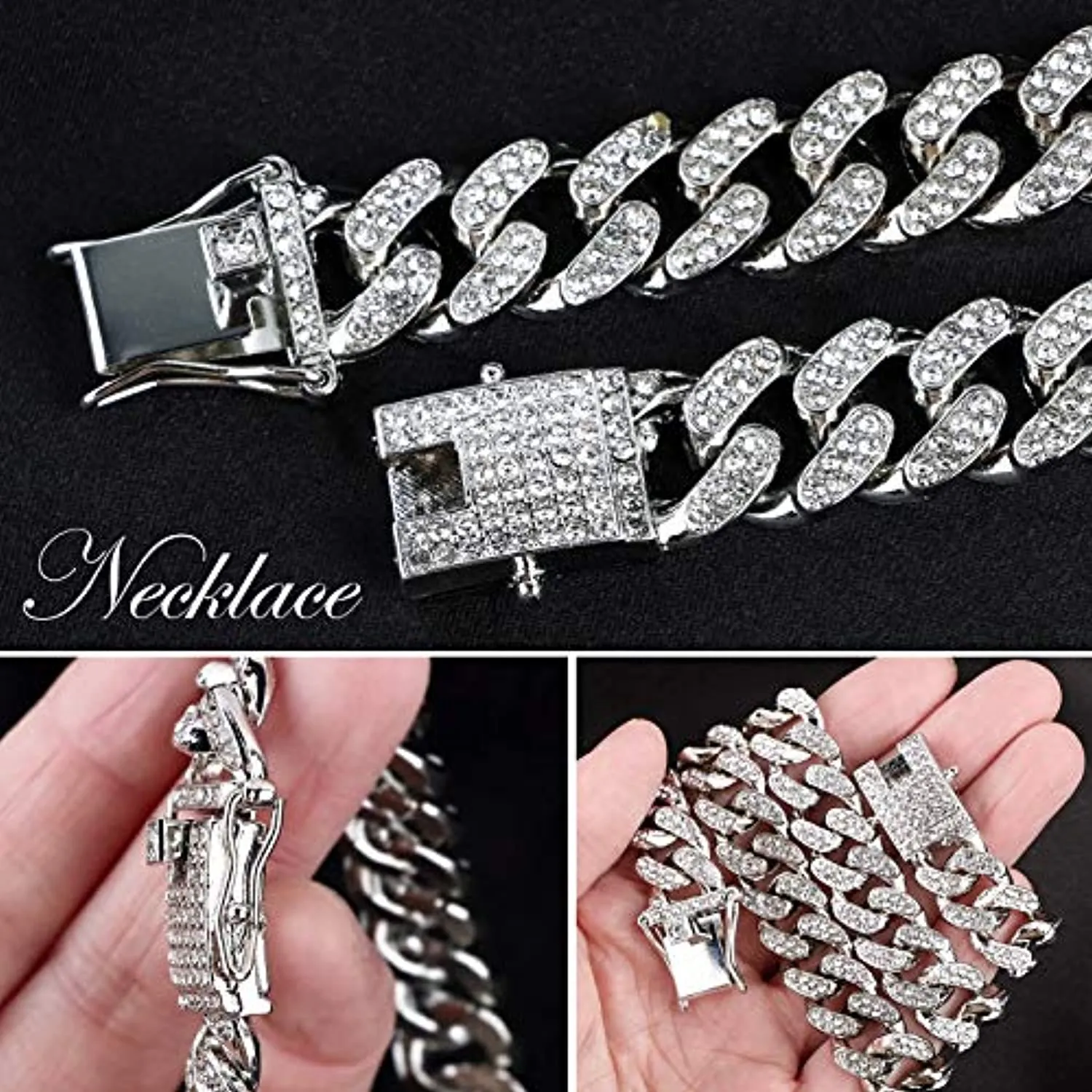 2 Pz Collana Cubana Braccialetto Grosso Lega Catena Grande con Strass per Uomo Ragazzo Donna Hip Hop Rock and Roll Rapper Musica