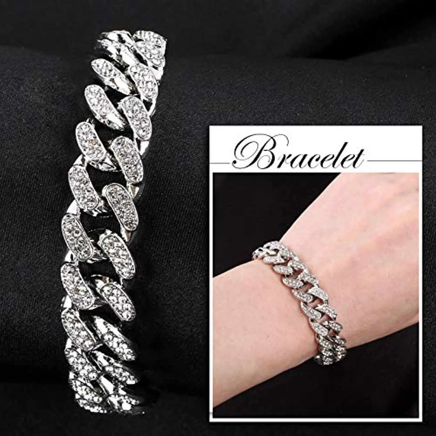 2 Pz Collana Cubana Braccialetto Grosso Lega Catena Grande con Strass per Uomo Ragazzo Donna Hip Hop Rock and Roll Rapper Musica