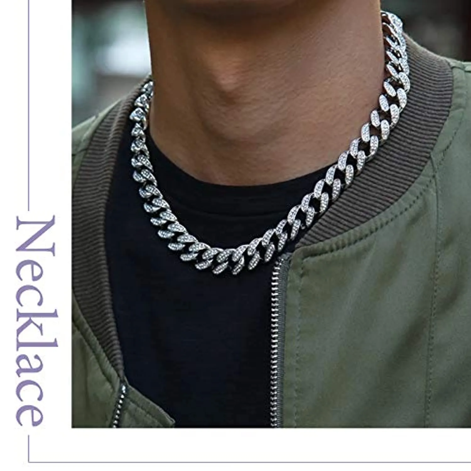 2 Pz Collana Cubana Braccialetto Grosso Lega Catena Grande con Strass per Uomo Ragazzo Donna Hip Hop Rock and Roll Rapper Musica