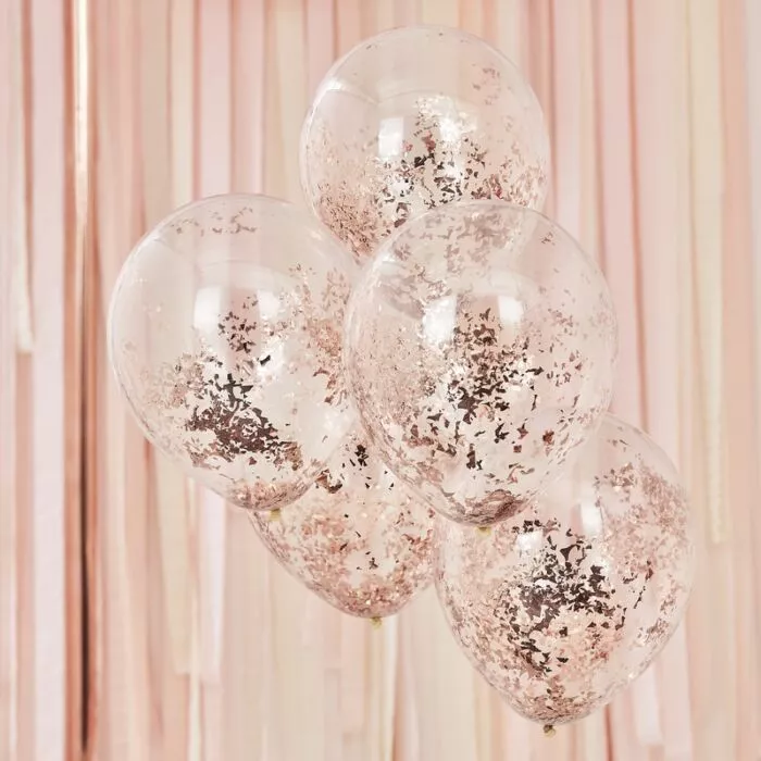 5 palloncini coriandoli in oro rosa altalena 30 cm
