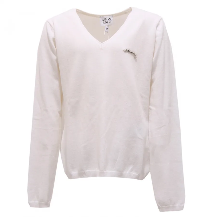 9229R maglione bimba ARMANI JUNIOR bianco scollo v sweater kid