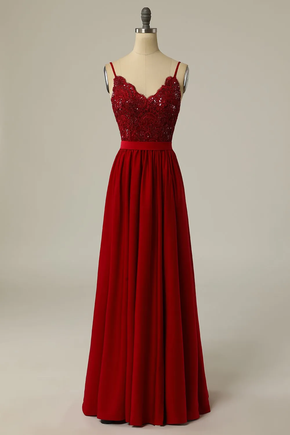 Abito da ballo lungo bordeaux con pizzo di perline