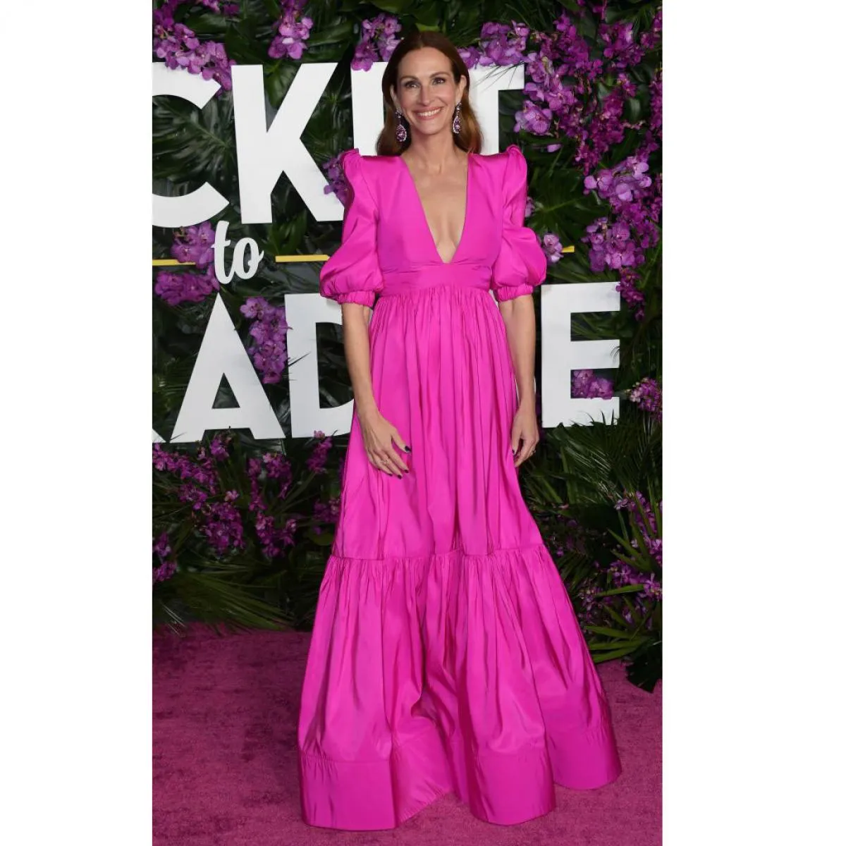 Abito da sera lungo giallo e fucsia alla moda maniche gonfie scollo a V abiti celebrità in raso abiti da festa eleganti personal