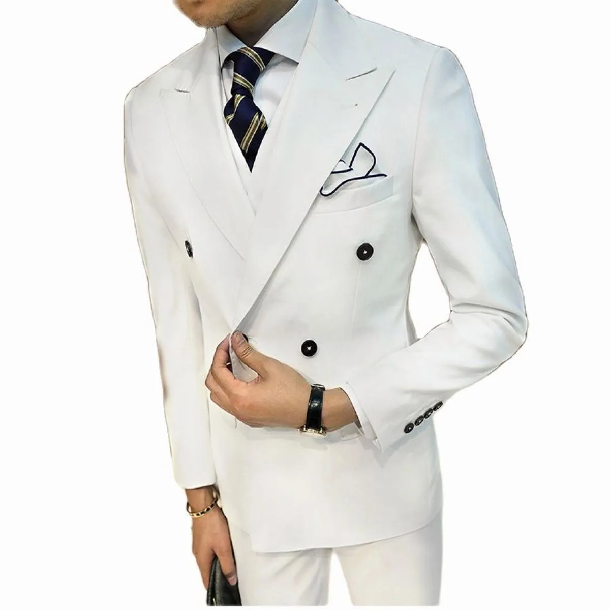 Abito da uomo d'affari bianco da sposo Abiti slim fit da uomo Smoking doppio petto da uomo 3 pezzi Abiti personalizzati (giacca