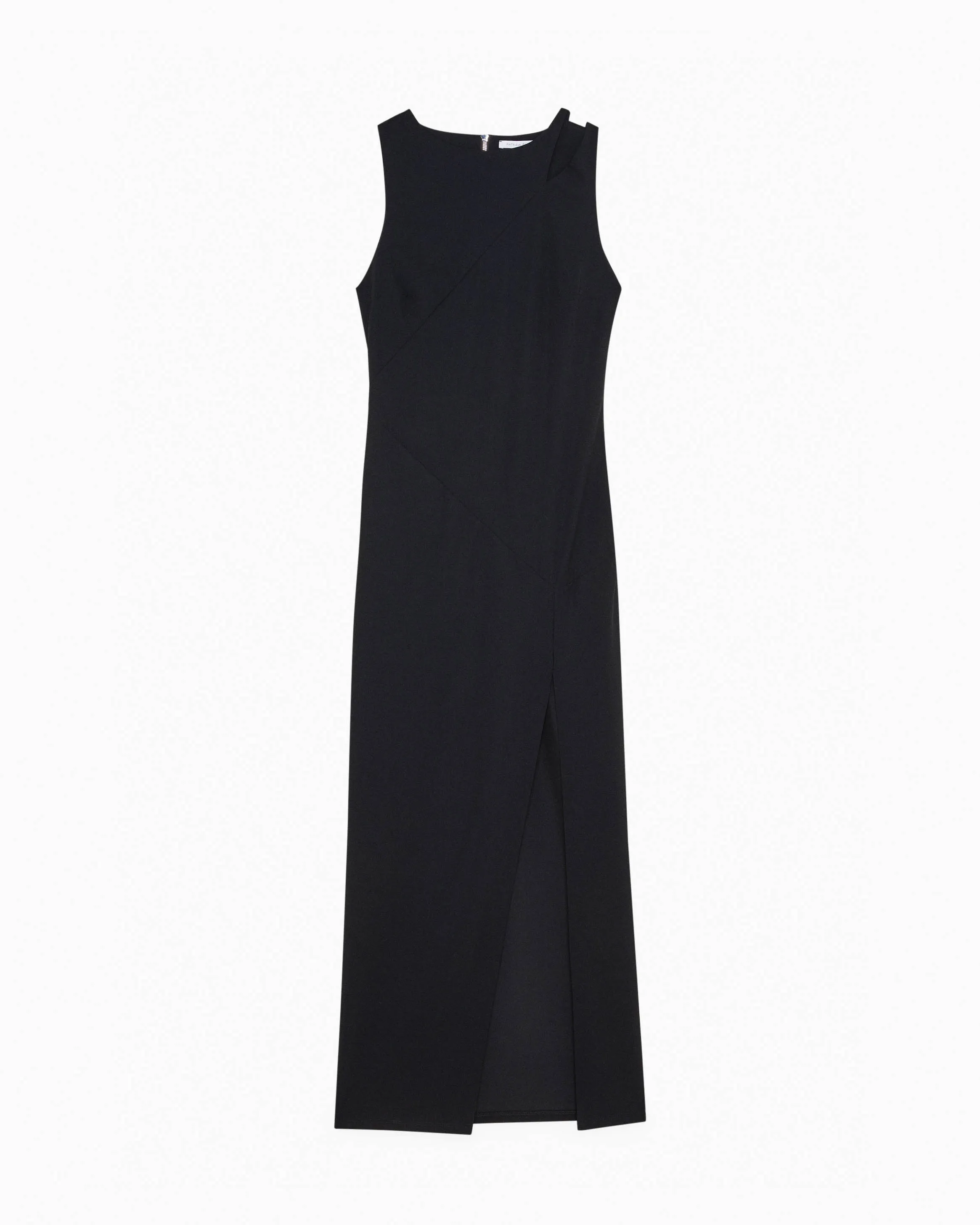 Abito lungo nero in tessuto stretch senza maniche con spacco sulla gonna