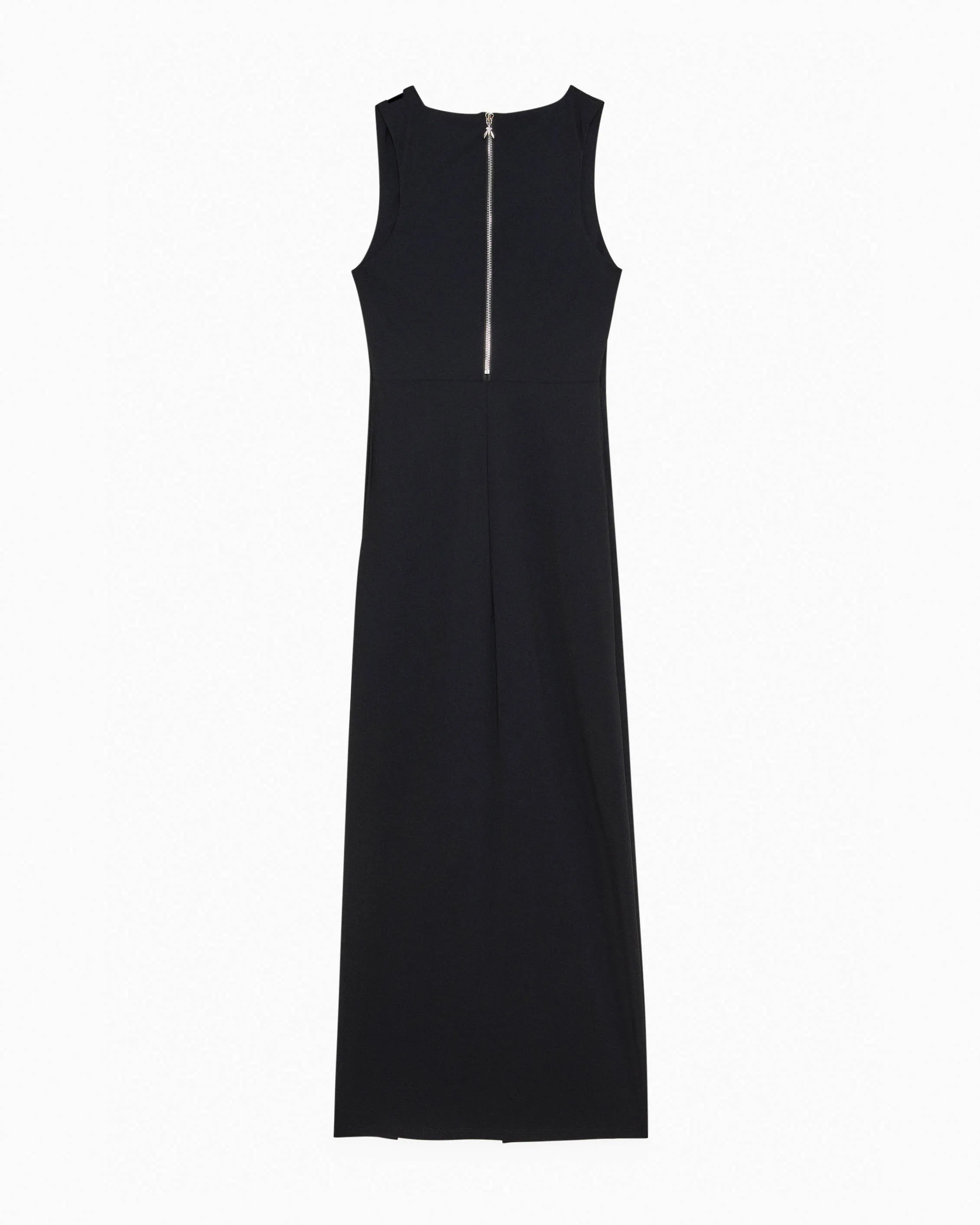 Abito lungo nero in tessuto stretch senza maniche con spacco sulla gonna