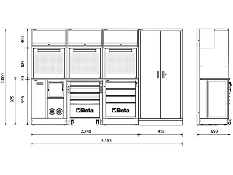 Arredo modulare per officina Beta RSC50 G 3155x690x2000mm con avvolgitubo e avvolgicavo