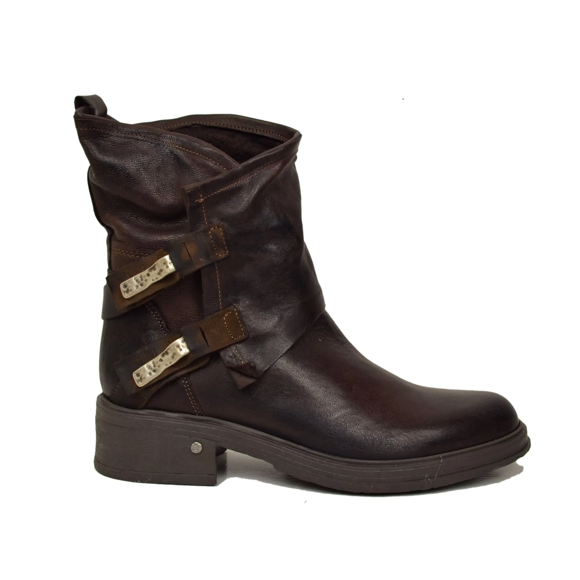 Biker Vera Pelle Effetto Washed Caviglia Ampia Fondo Gomma