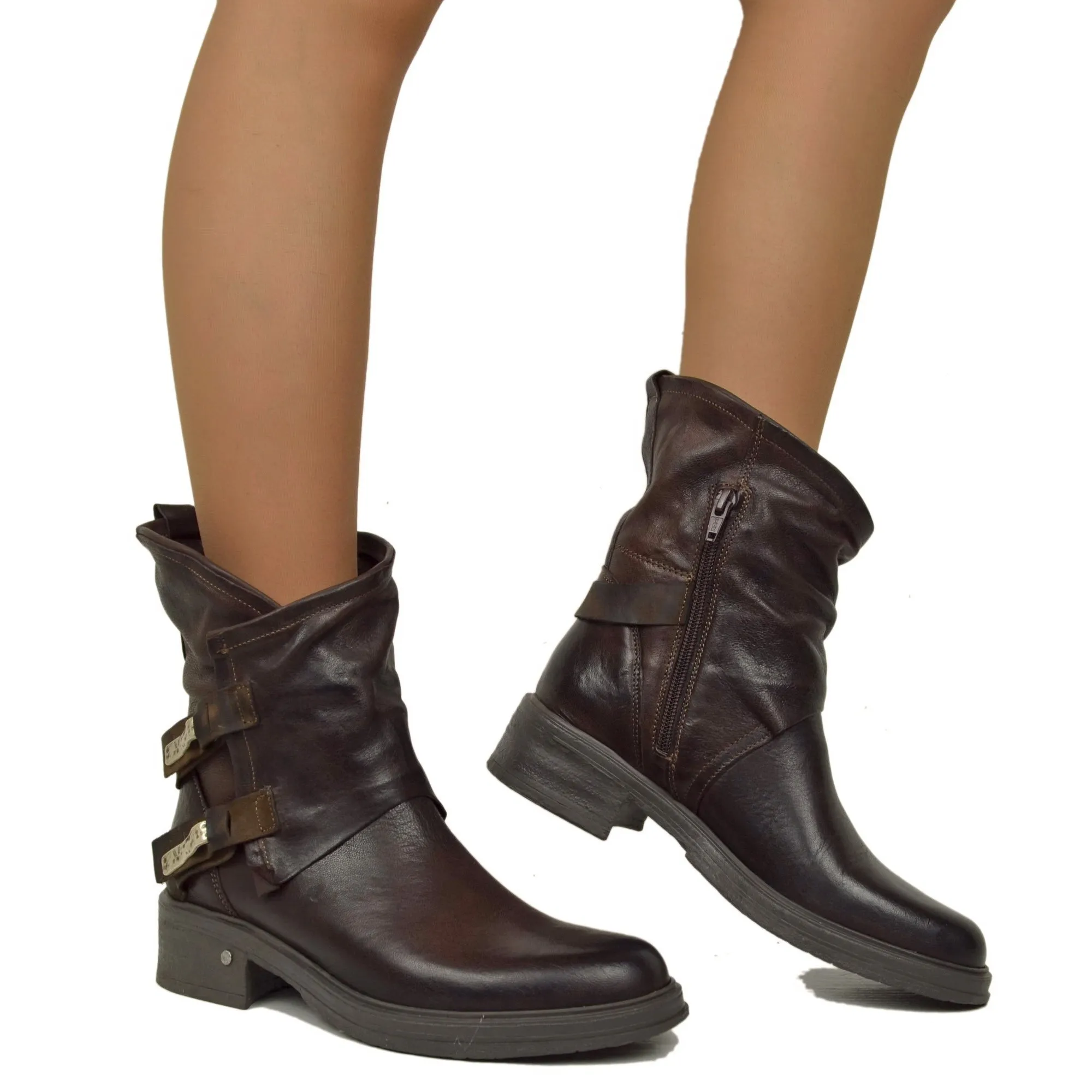 Biker Vera Pelle Effetto Washed Caviglia Ampia Fondo Gomma