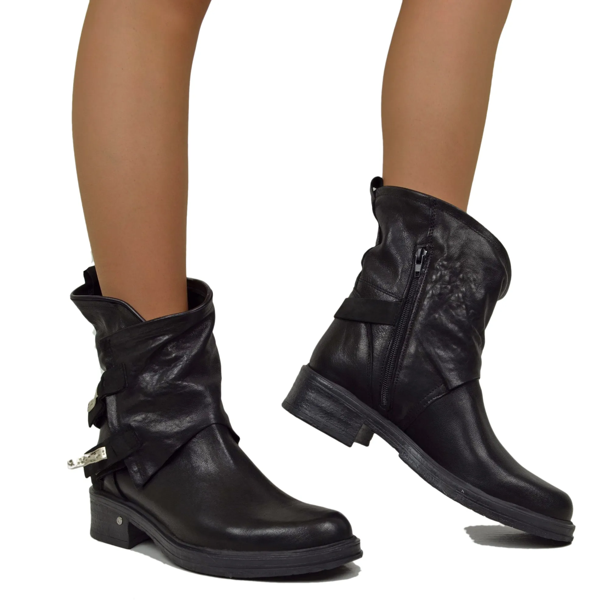 Biker Vera Pelle Nera Effetto Washed Caviglia Ampia Fondo Gomma