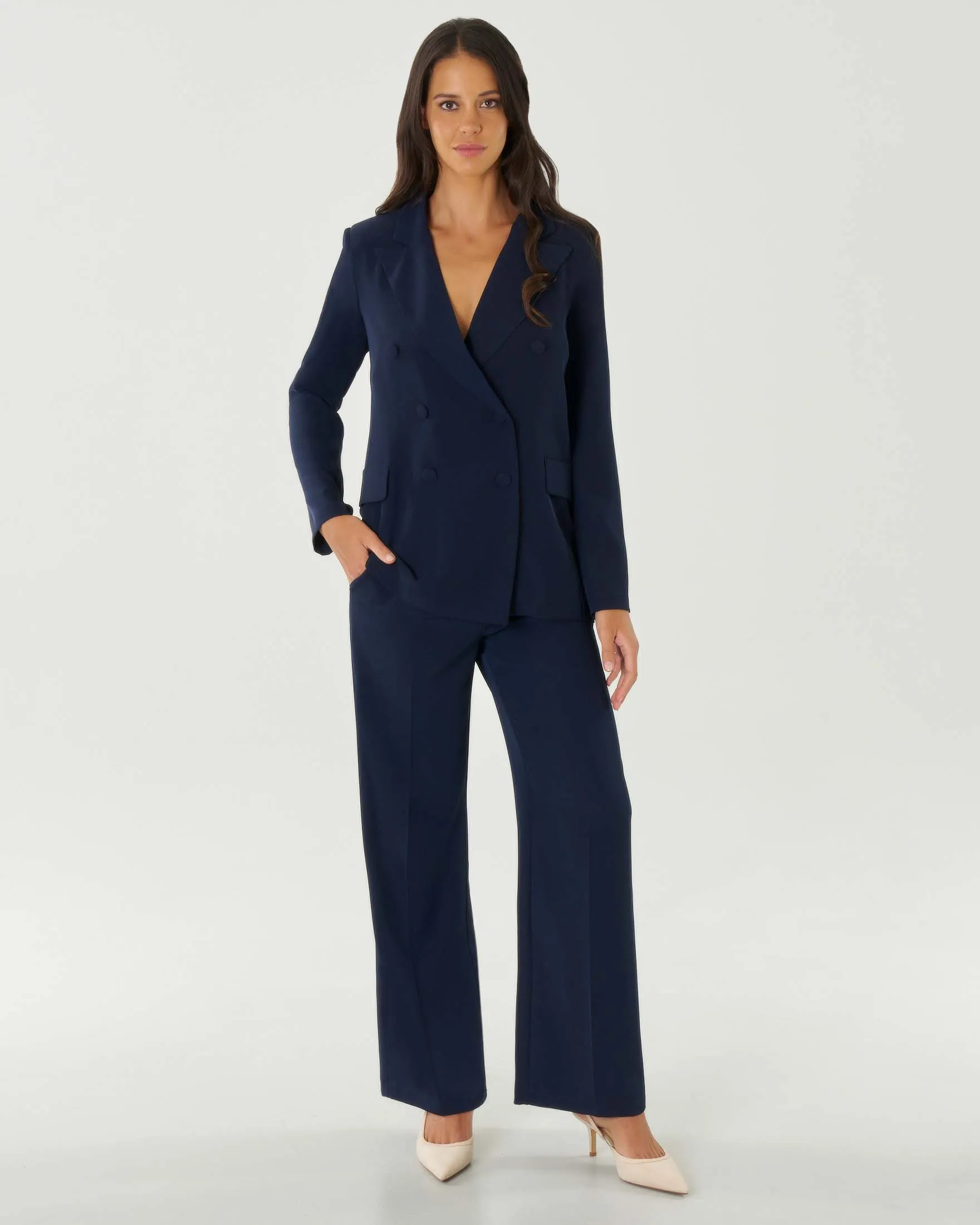 Blazer doppiopetto color avio in crêpe con revers a lancia
