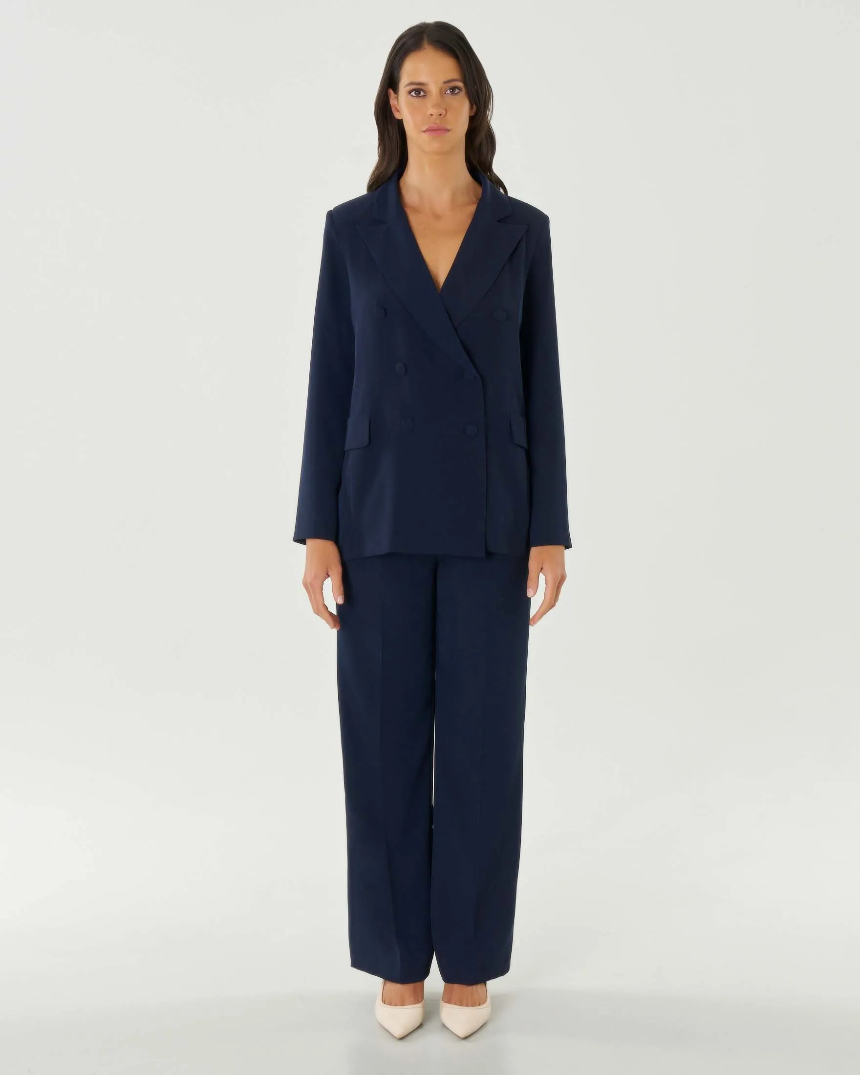 Blazer doppiopetto color avio in crêpe con revers a lancia