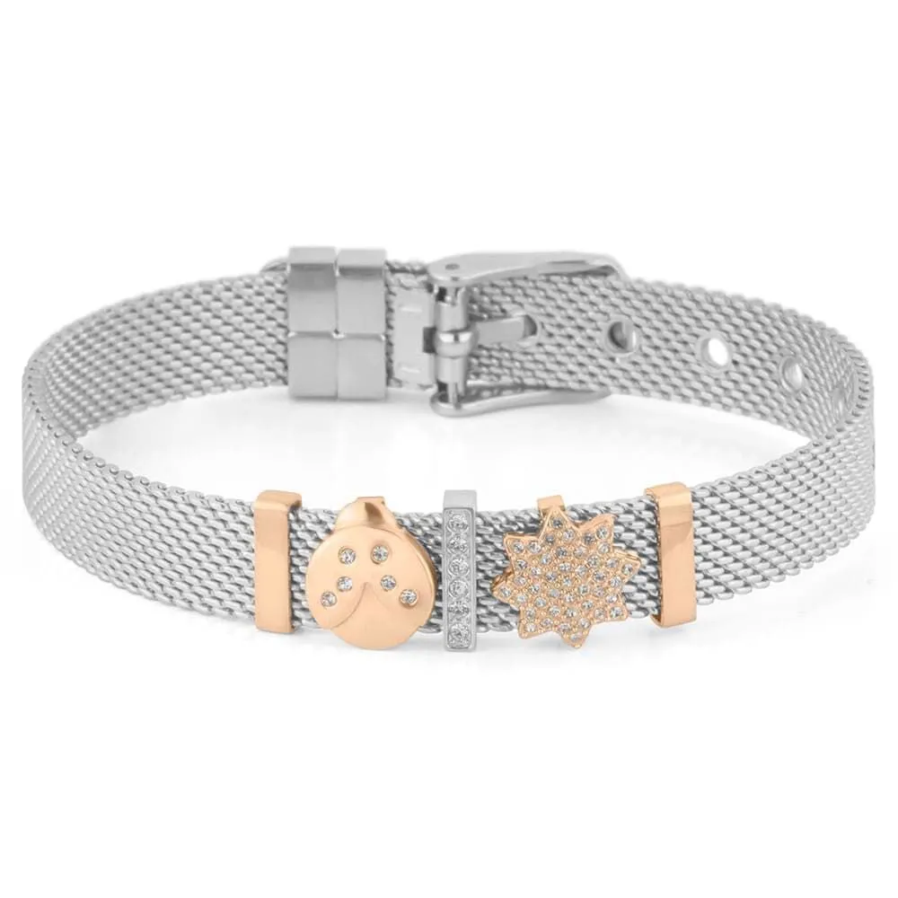 Bracciale Catena Coccinella Lady Shine Acciaio Bicolore Bianco / Rosa Maglia Forzatina Rotonda Cristallo Bianco 23 cm 1669820