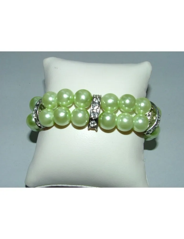 bracciale elastico donna false perle verdi madreperlate con barrette di strass