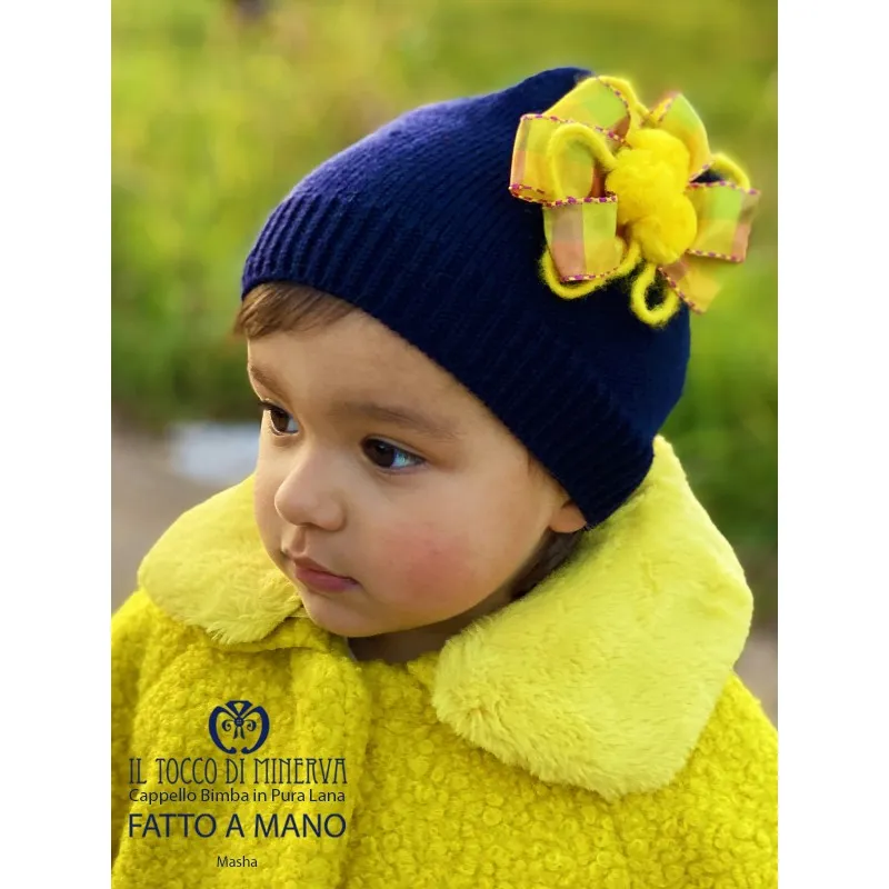 Cappello Bimba pura lana Masha Blu giallo - Realizzato a mano