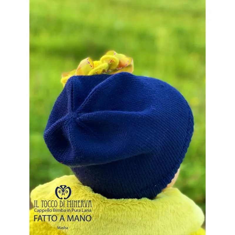 Cappello Bimba pura lana Masha Blu giallo - Realizzato a mano