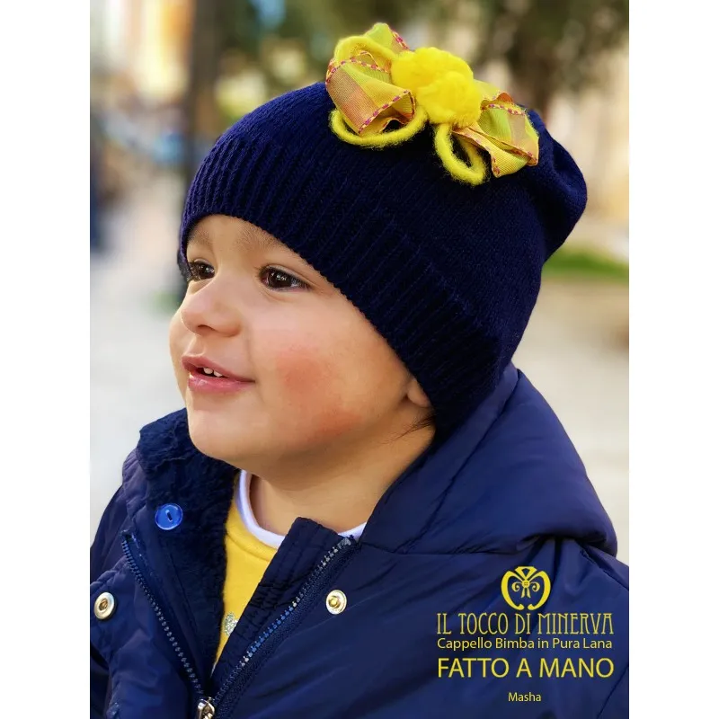 Cappello Bimba pura lana Masha Blu giallo - Realizzato a mano