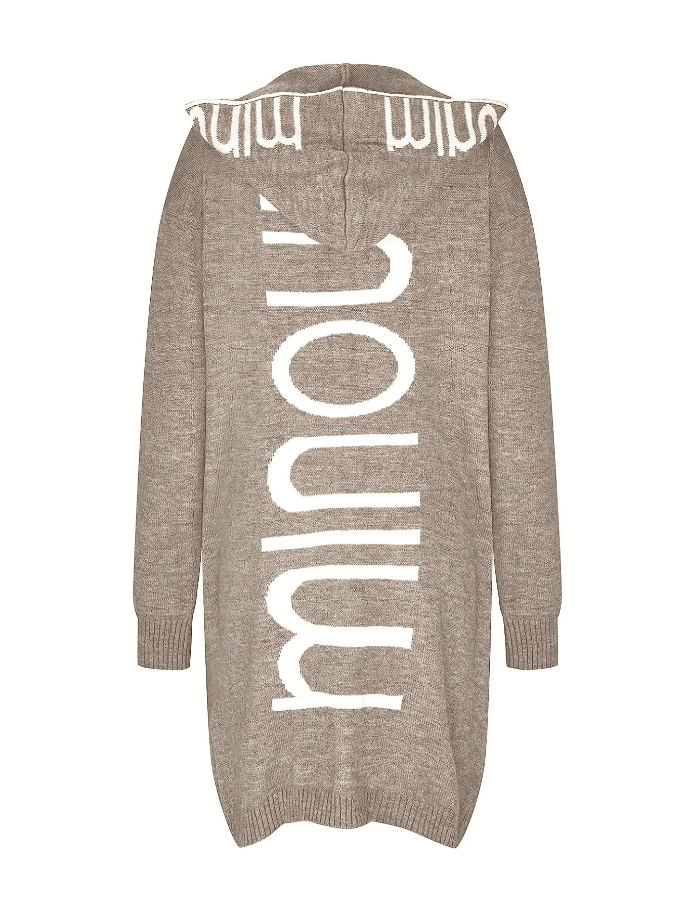 Cardigan in maglia con colletto a cascata e stampa alfabetica, maglione casual con cappuccio, maniche lunghe e tasche, abbigliam