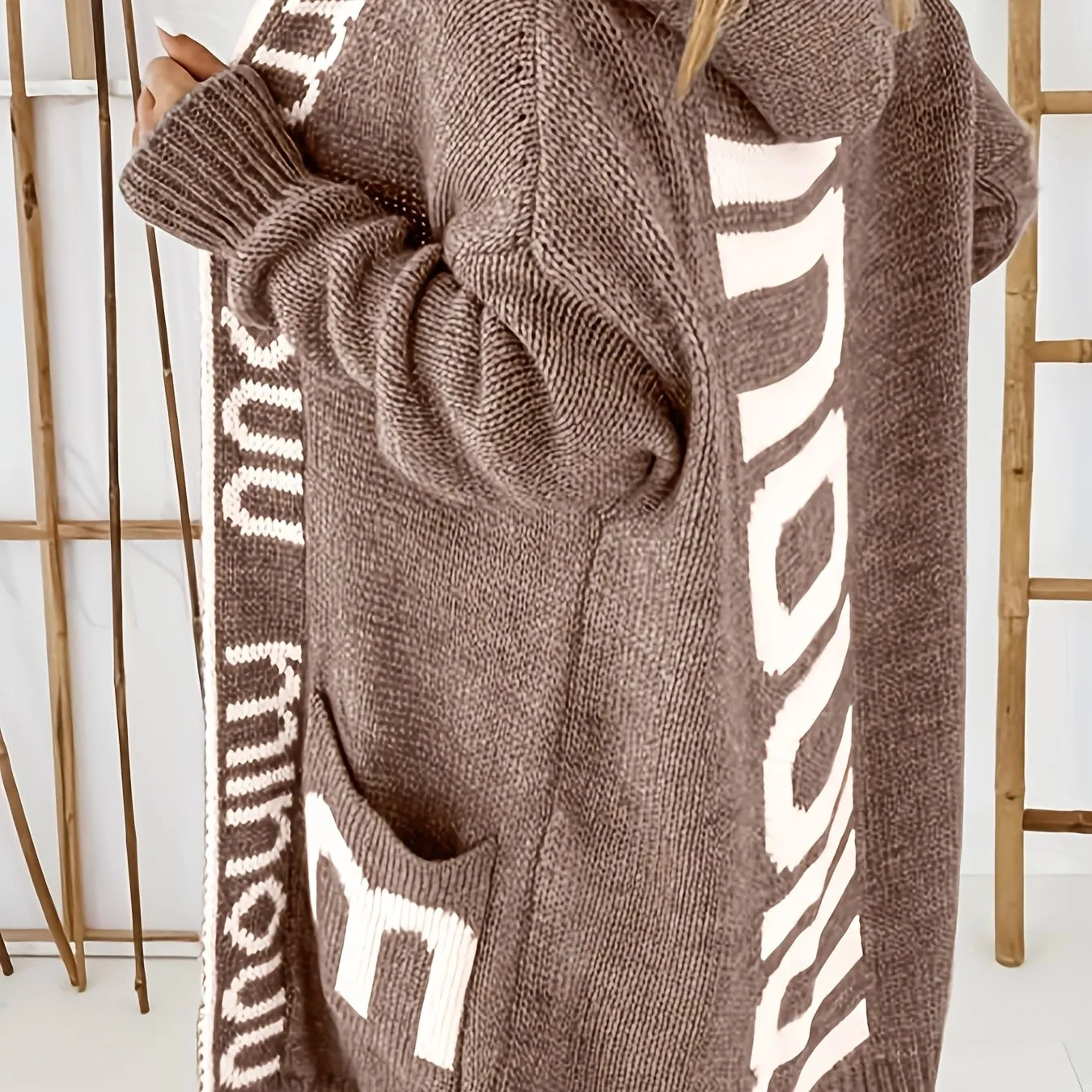 Cardigan in maglia con colletto a cascata e stampa alfabetica, maglione casual con cappuccio, maniche lunghe e tasche, abbigliam