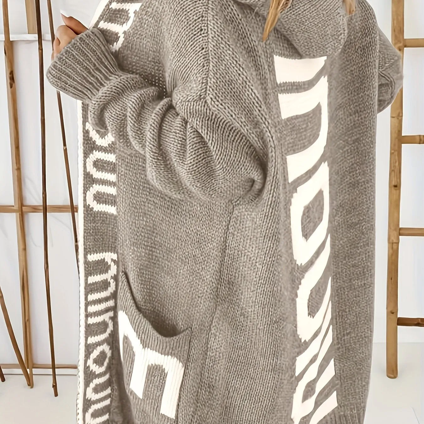 Cardigan in maglia con colletto a cascata e stampa alfabetica, maglione casual con cappuccio, maniche lunghe e tasche, abbigliam