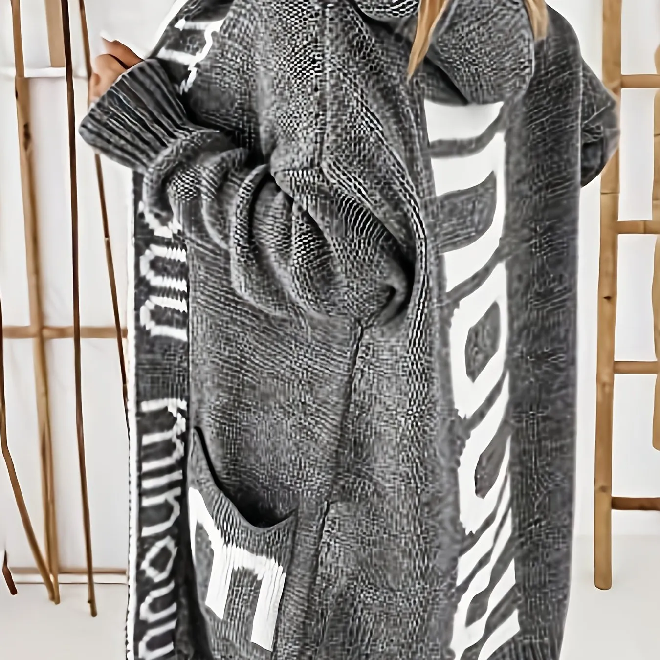 Cardigan in maglia con colletto a cascata e stampa alfabetica, maglione casual con cappuccio, maniche lunghe e tasche, abbigliam