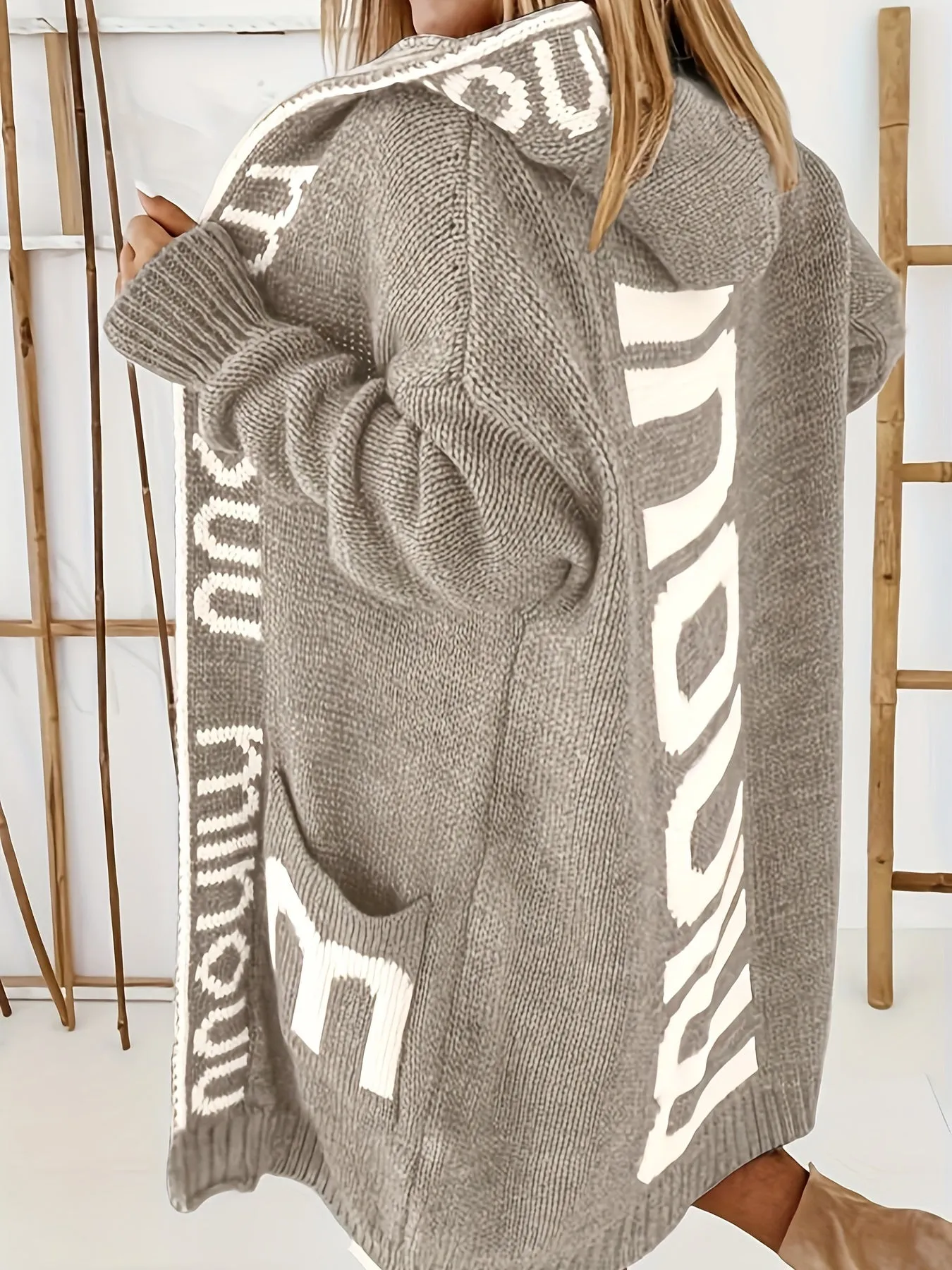 Cardigan in maglia con colletto a cascata e stampa alfabetica, maglione casual con cappuccio, maniche lunghe e tasche, abbigliam