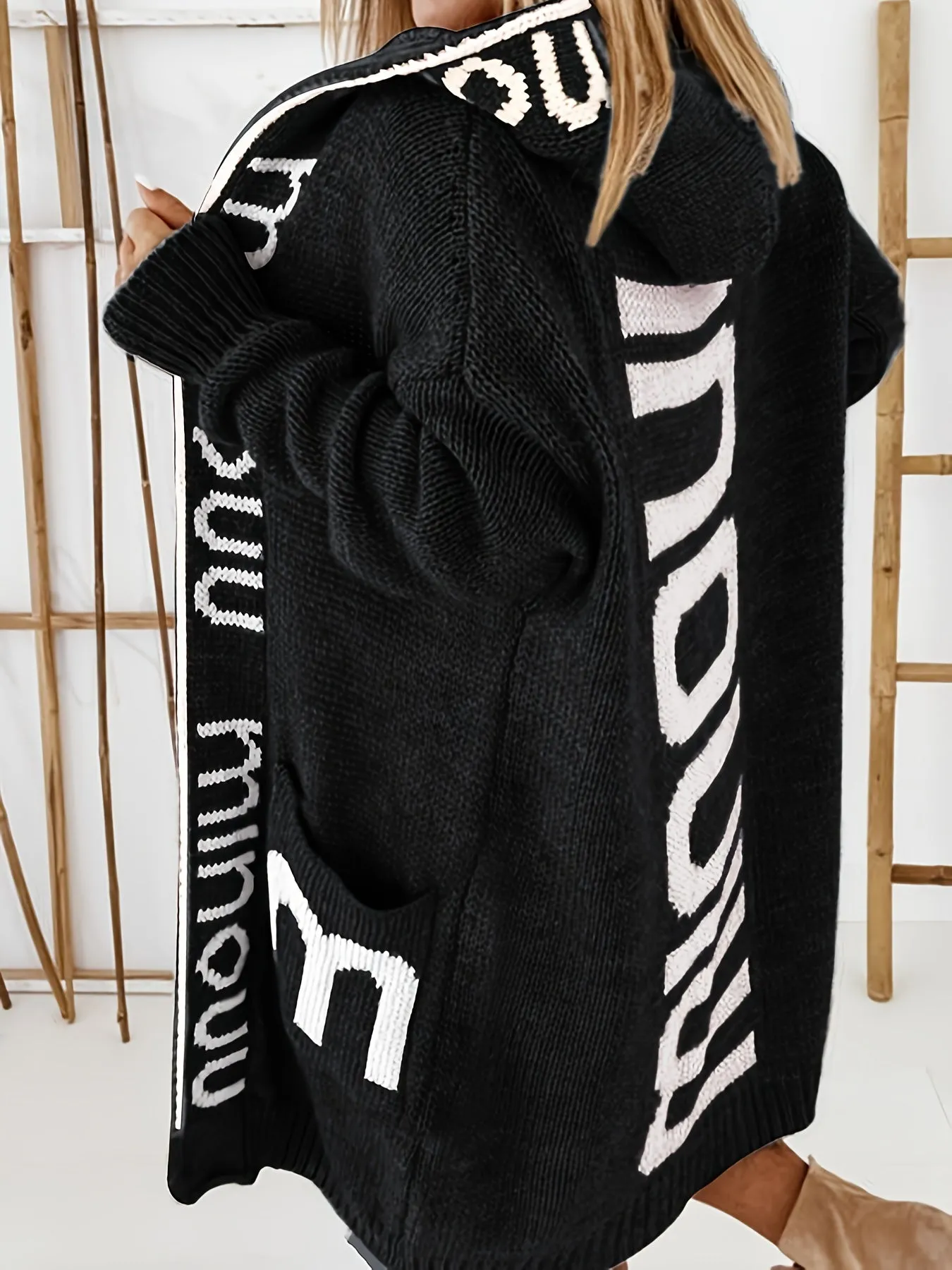 Cardigan in maglia con colletto a cascata e stampa alfabetica, maglione casual con cappuccio, maniche lunghe e tasche, abbigliam