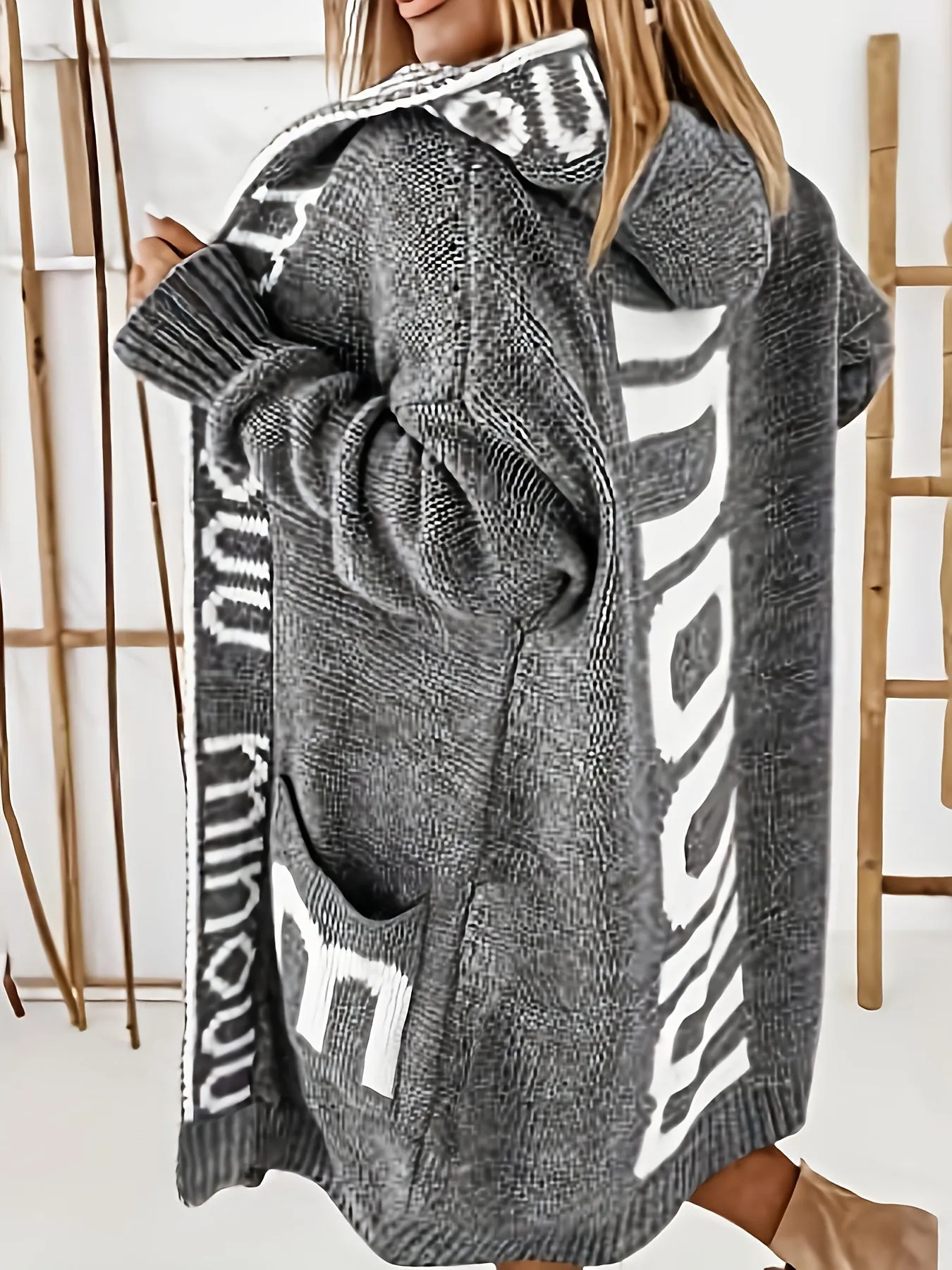 Cardigan in maglia con colletto a cascata e stampa alfabetica, maglione casual con cappuccio, maniche lunghe e tasche, abbigliam