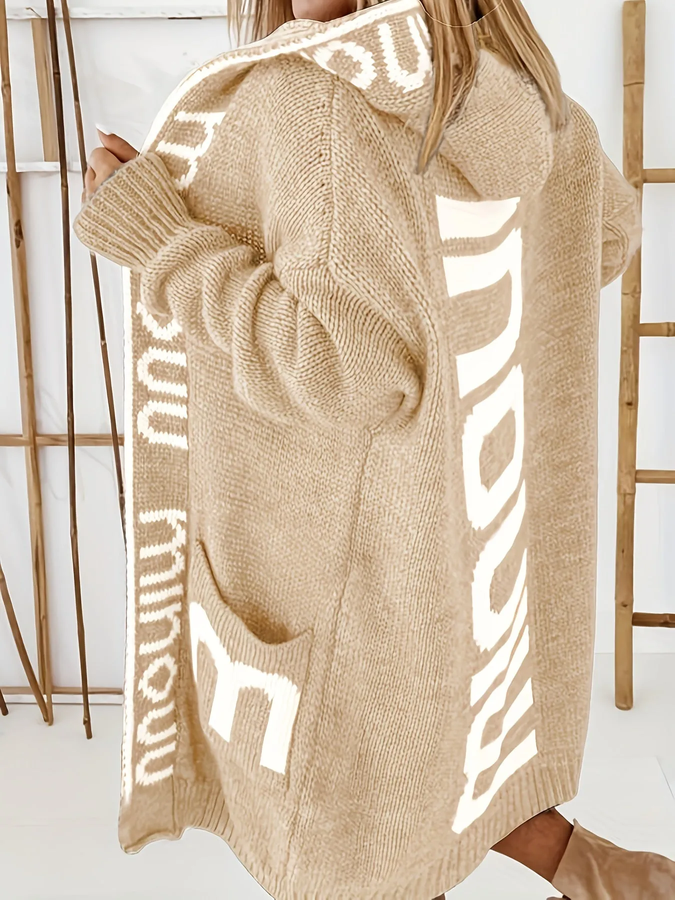 Cardigan in maglia con colletto a cascata e stampa alfabetica, maglione casual con cappuccio, maniche lunghe e tasche, abbigliam