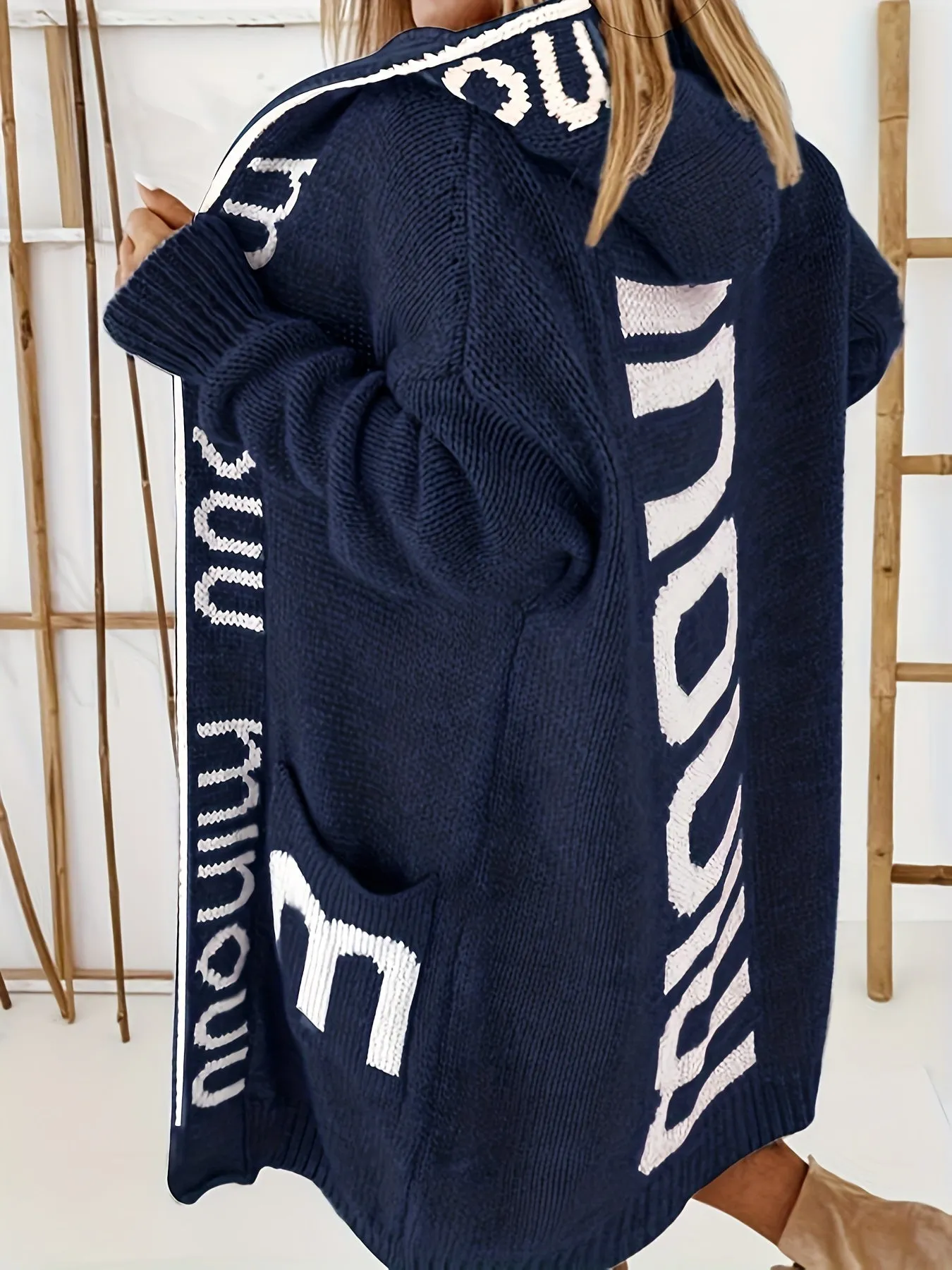 Cardigan in maglia con colletto a cascata e stampa alfabetica, maglione casual con cappuccio, maniche lunghe e tasche, abbigliam