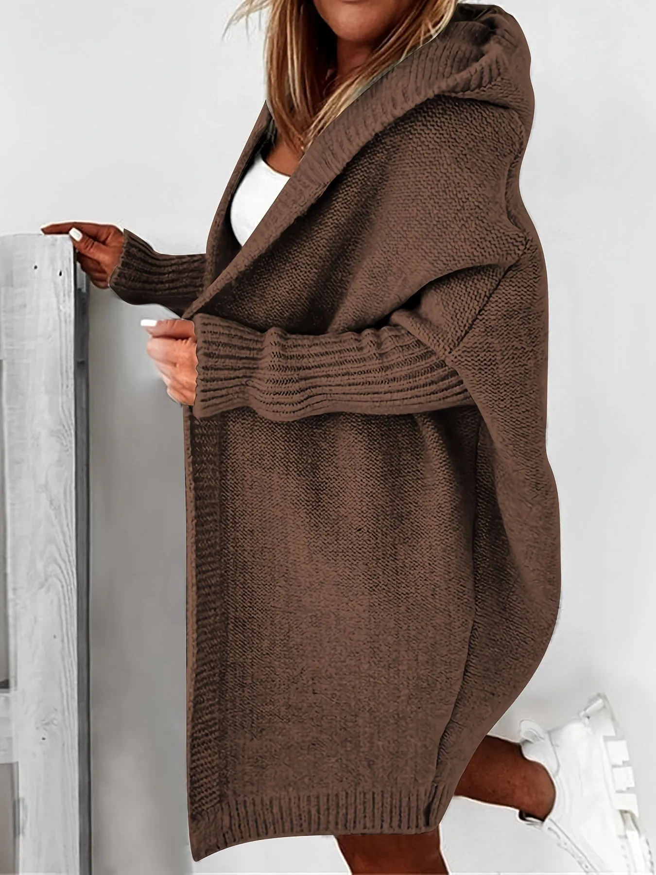 Cardigan Lavorato A Maglia Con Cappuccio Oversize, Maglione Casual A Maniche Lunghe Per L'inverno E L'autunno, Abbigliamento Fem