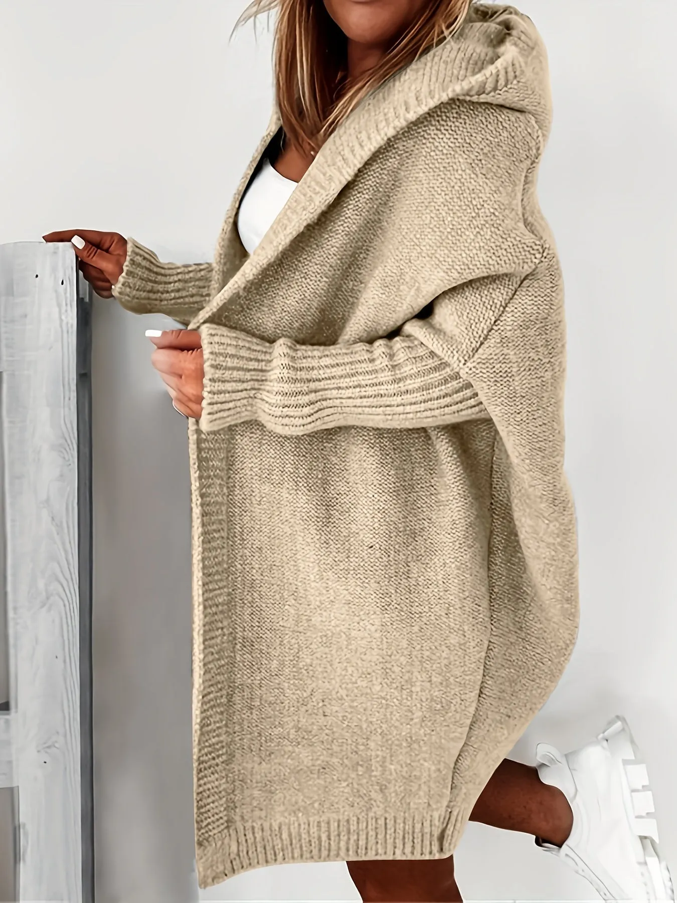 Cardigan Lavorato A Maglia Con Cappuccio Oversize, Maglione Casual A Maniche Lunghe Per L'inverno E L'autunno, Abbigliamento Fem