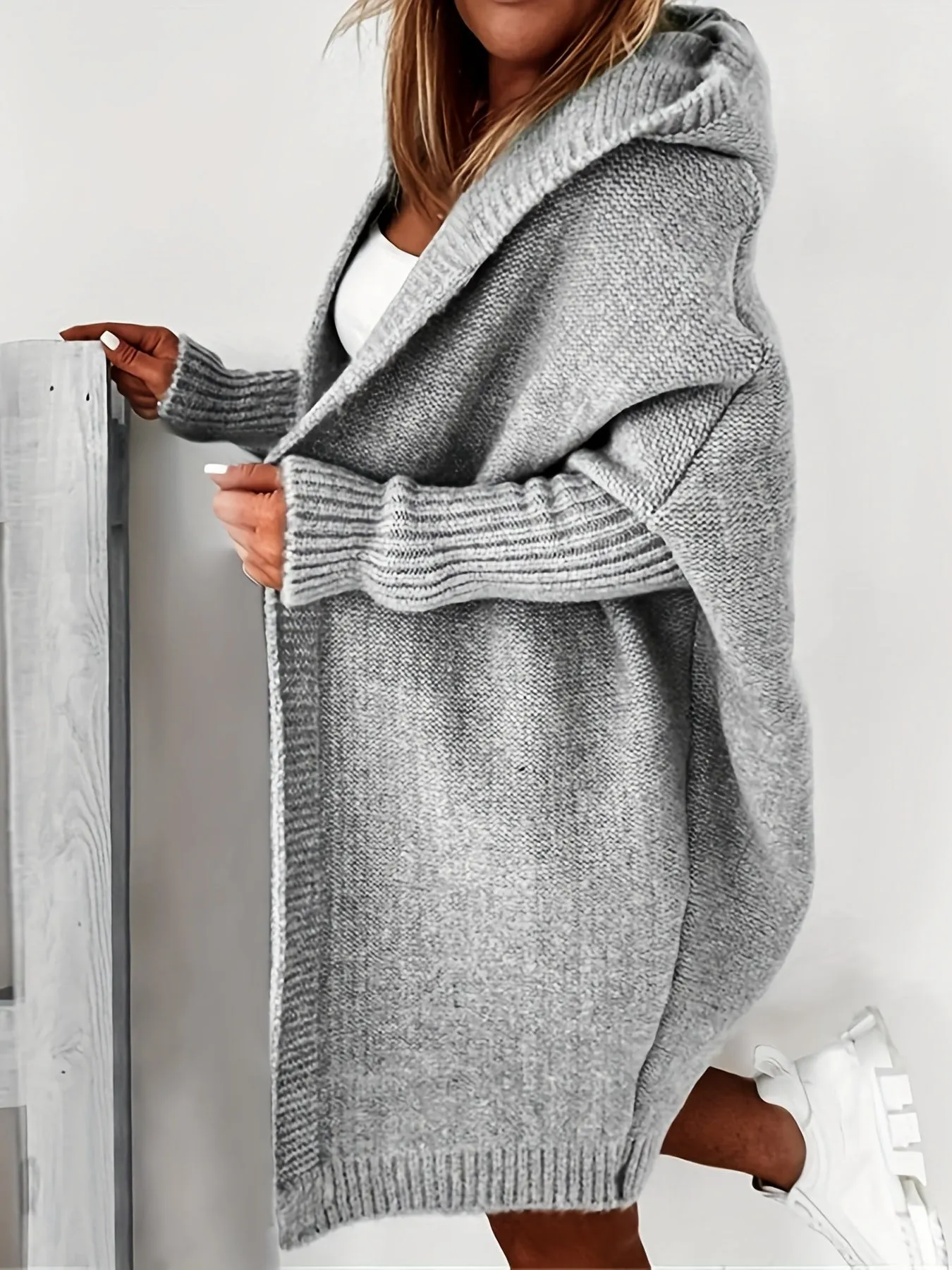 Cardigan Lavorato A Maglia Con Cappuccio Oversize, Maglione Casual A Maniche Lunghe Per L'inverno E L'autunno, Abbigliamento Fem