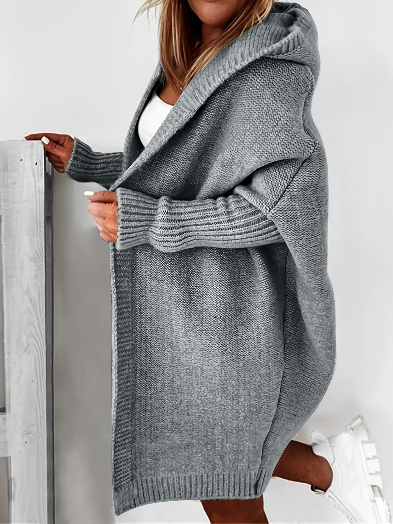 Cardigan Lavorato A Maglia Con Cappuccio Oversize, Maglione Casual A Maniche Lunghe Per L'inverno E L'autunno, Abbigliamento Fem