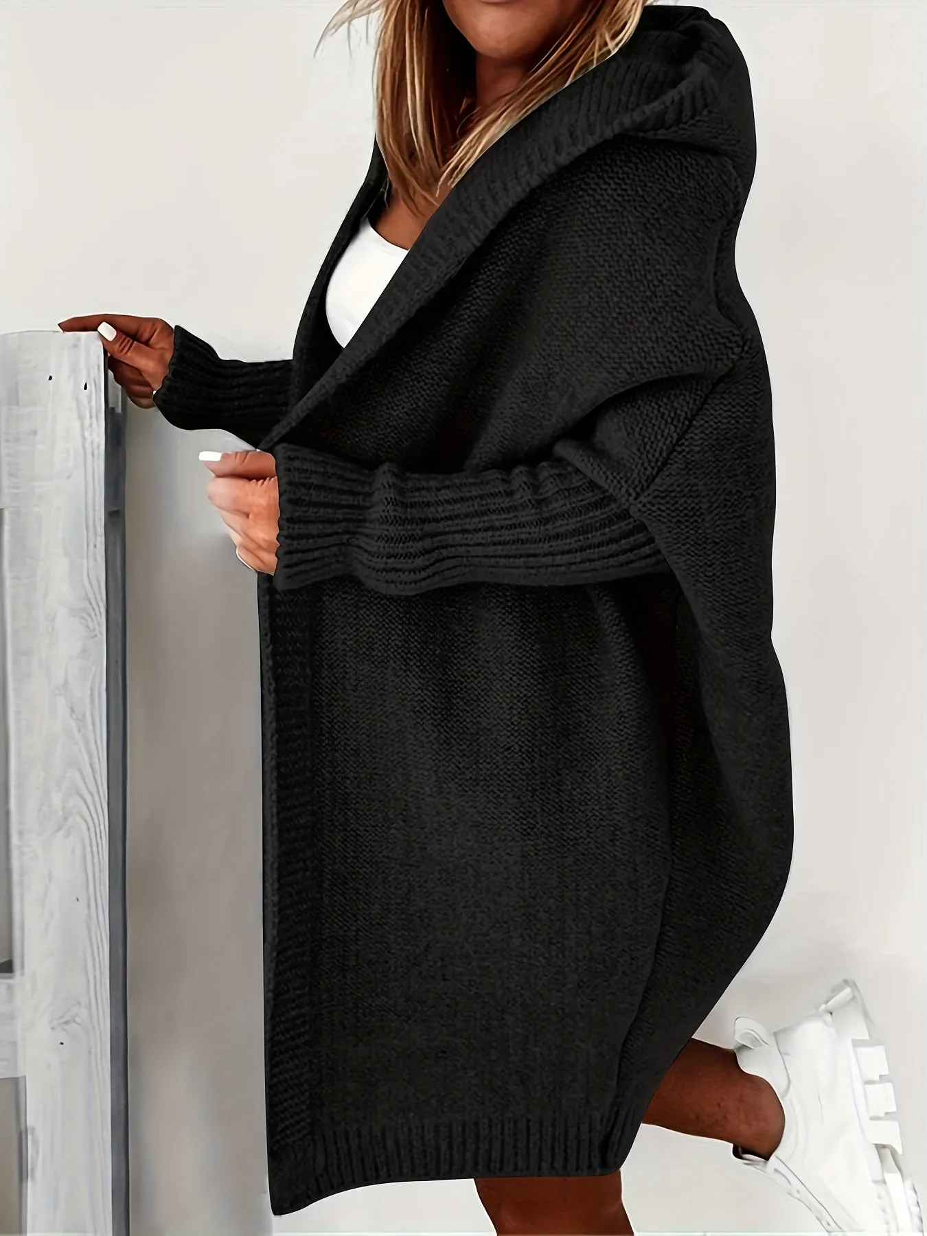 Cardigan Lavorato A Maglia Con Cappuccio Oversize, Maglione Casual A Maniche Lunghe Per L'inverno E L'autunno, Abbigliamento Fem