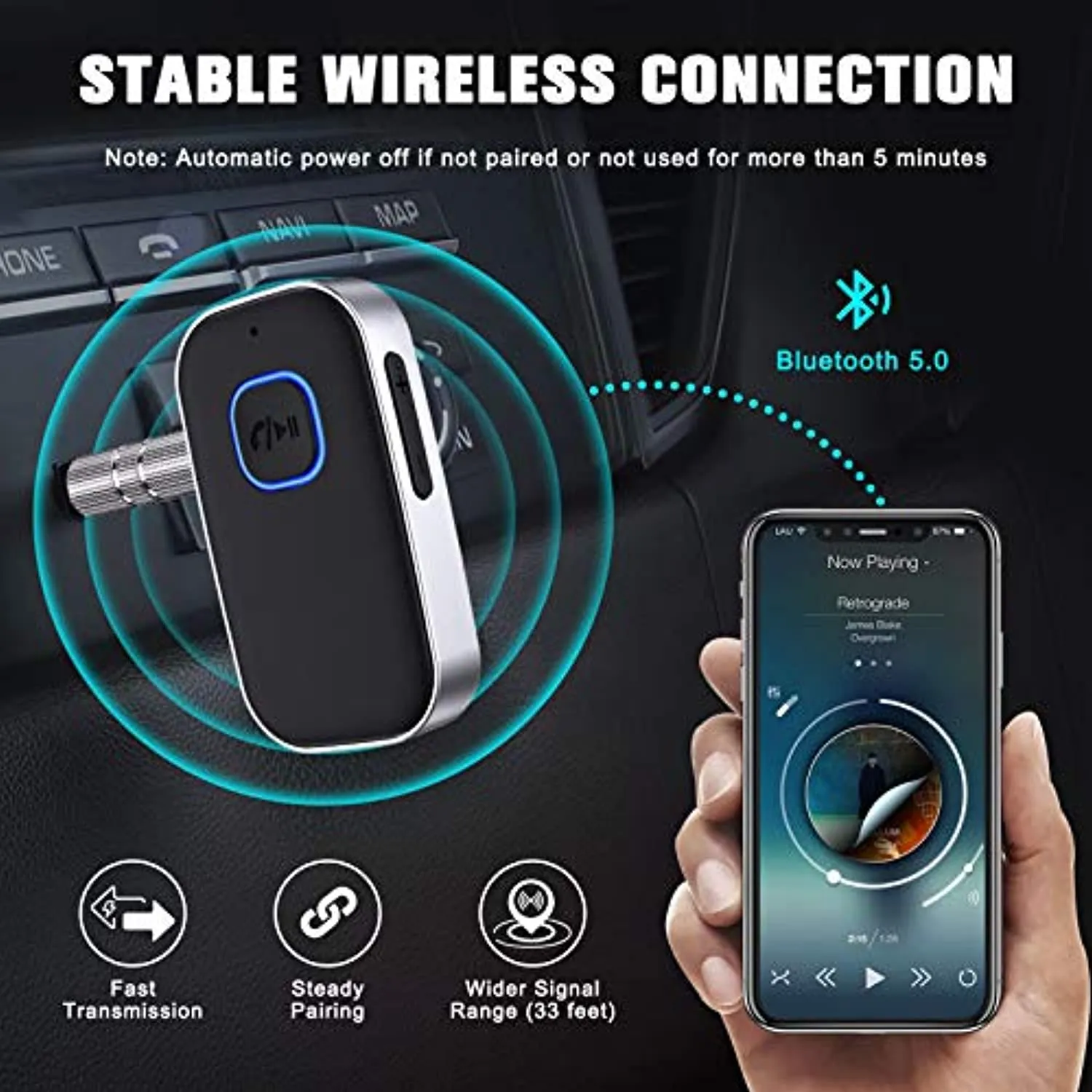 Cocoda Ricevitore Bluetooth 5.0, Cancellazione del Rumore Adattatore Aux Bluetooth, Bluetooth Auto Aux per Stereo Casa, Cuffie C