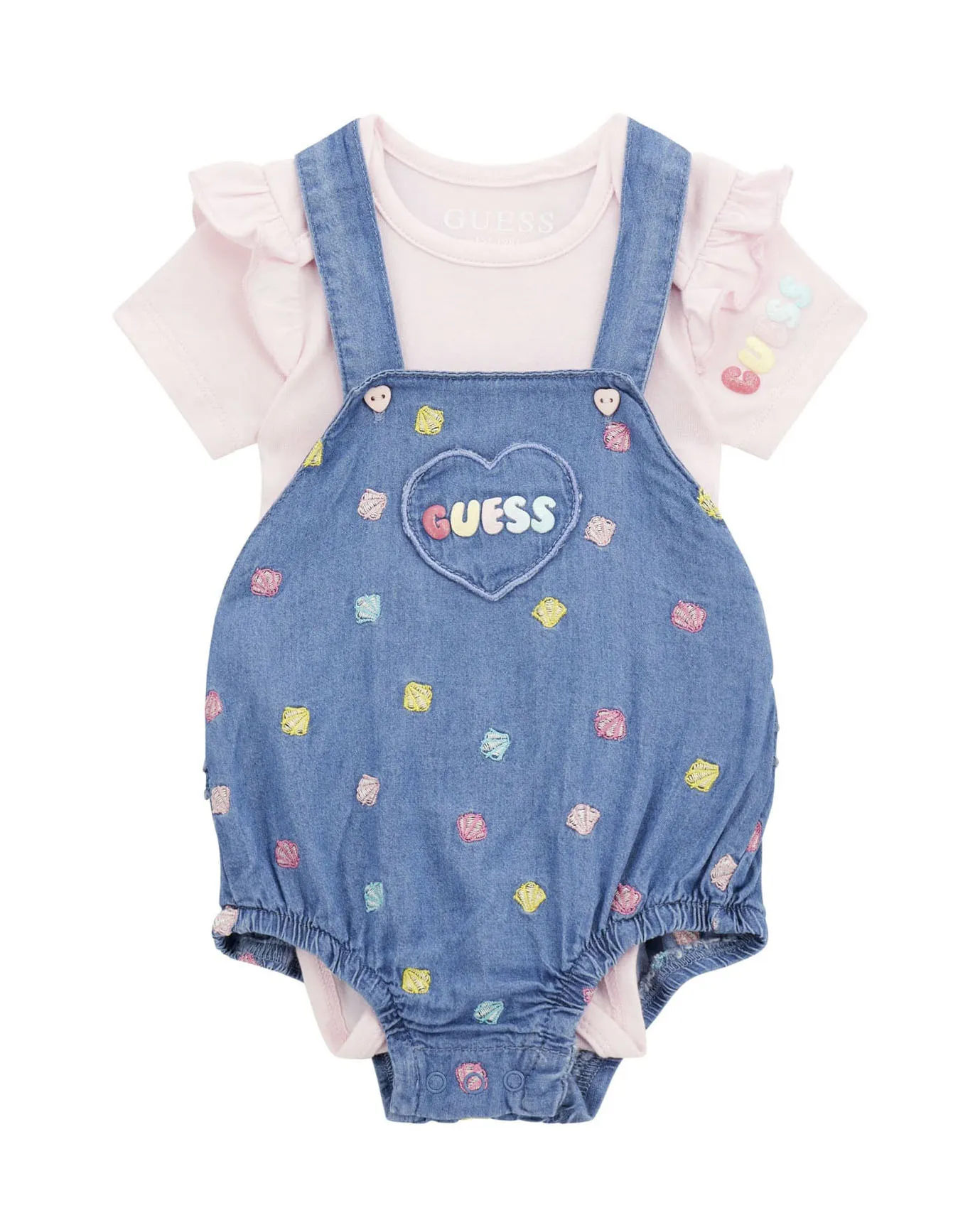 Completo in cotone stretch composto da body rosa a maniche corte e salopette in denim con ricami conchiglie colorate all-over 3-
