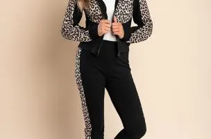 COMPLETO TUTA SPORTIVA CON MAGLIA A CERNIERA E STAMPA LEOPARDATA SEGOVIA, NERA