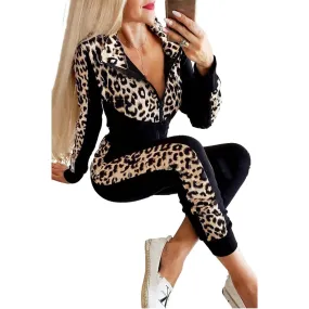 COMPLETO TUTA SPORTIVA CON MAGLIA A CERNIERA E STAMPA LEOPARDATA SEGOVIA, NERA