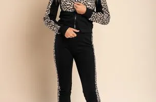 COMPLETO TUTA SPORTIVA CON MAGLIA A CERNIERA E STAMPA LEOPARDATA SEGOVIA, NERA