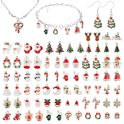 EBANKU 76 Pezzi Ciondoli Cervi del Pupazzo di Neve Dell'albero di Natale Dell'uomo Anziano Placcati oro Smaltati Charms Lega per