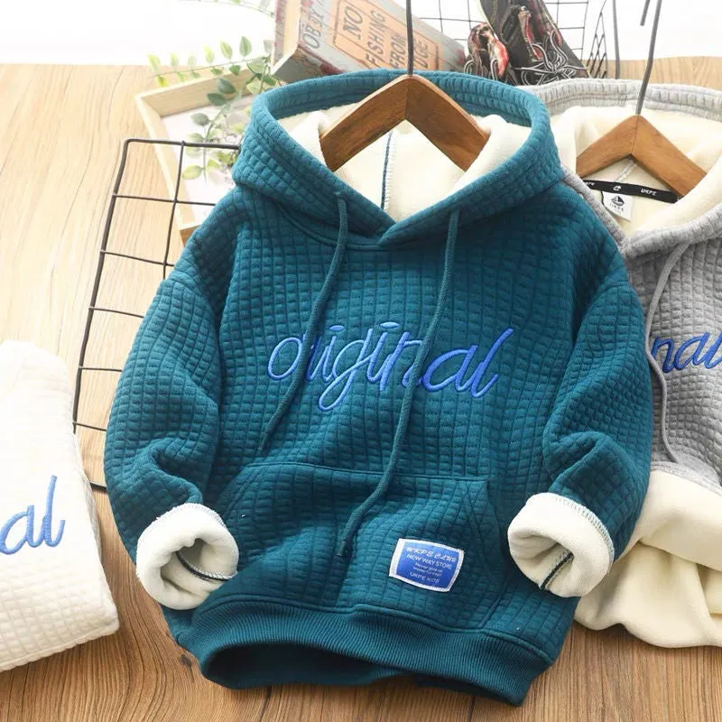 Felpa Original con cappuccio rivestito in pile per bambini e ragazzi in stile koreano