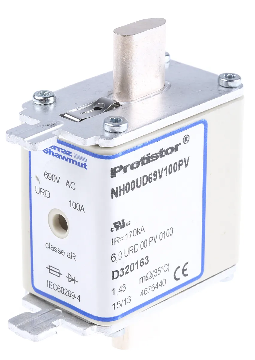 Fusibile NH, Mersen, 100A, fusibile NH00 con velocità FF, standard IEC 269.4, IEC 60269-4, cat. aR 690V ca
