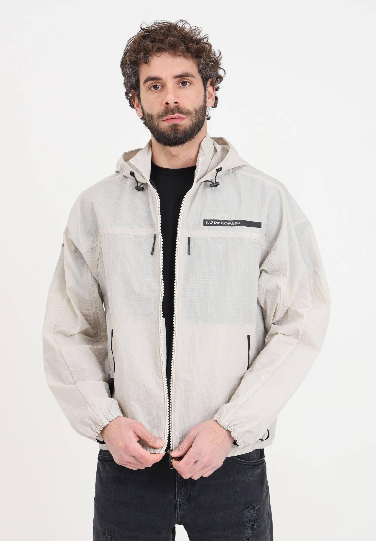 Giacca a vento beige da uomo con cappuccio Athletic Mix in nylon